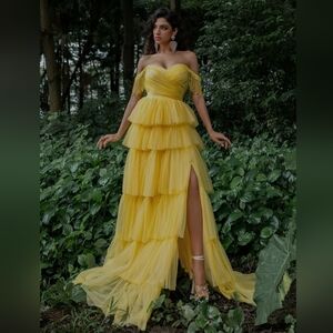 Prom Yellow Tulle Ruffle Beauty Princess Belle GOWN costume Pageant dress Xs S M